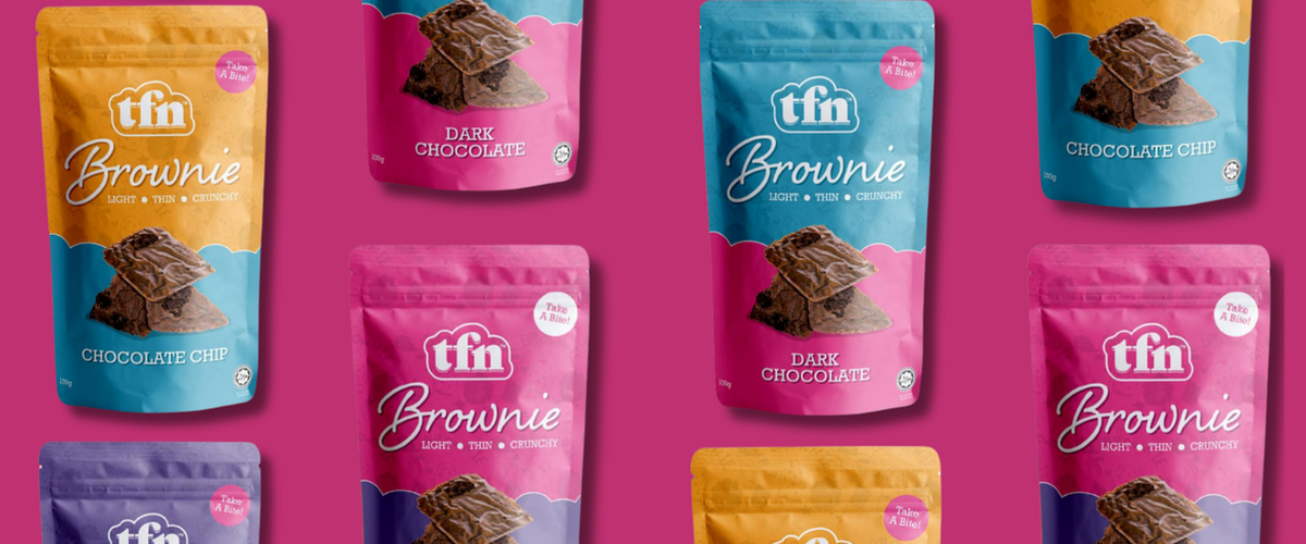 TFN Brownie banner showing best-selling crunchy flavors in Malaysia